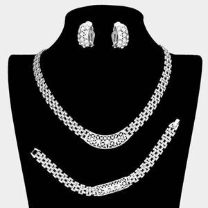 Clip on 3pc silver and clear stone block chain necklace, bracelet, earring set
